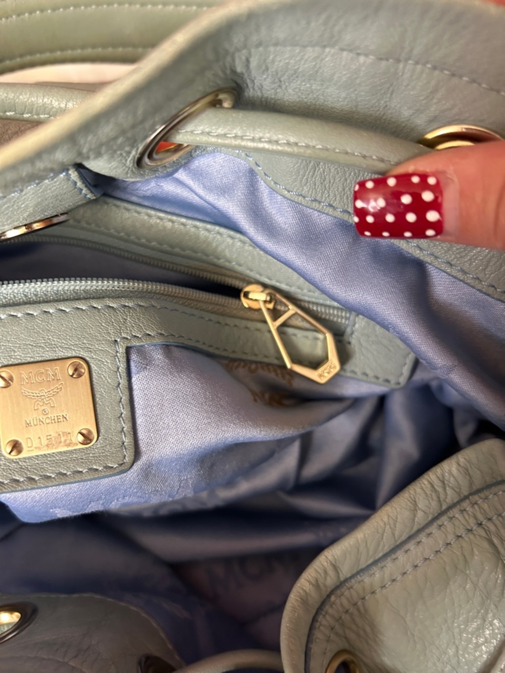 MCM Pale Blue Pebbled Leather Drawstring Hobo Bag - Picture 10 of 15